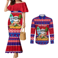 Custom Guam Christmas Couples Matching Mermaid Dress and Long Sleeve Button Shirt Guaman Santas Felis Pasgua LT14 Blue - Polynesian Pride