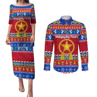 Custom Philippines Christmas Couples Matching Puletasi Dress and Long Sleeve Button Shirt Filipino Parol Maligayang Pasko LT14 Blue - Polynesian Pride