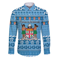 Custom Fiji Christmas Family Matching Off Shoulder Maxi Dress and Hawaiian Shirt Fijian Tapa Marau na Kerisimasi LT14 Dad's Shirt - Long Sleeve Blue - Polynesian Pride