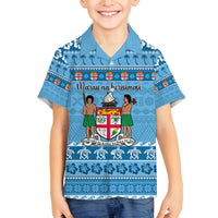 Custom Fiji Christmas Family Matching Off Shoulder Maxi Dress and Hawaiian Shirt Fijian Tapa Marau na Kerisimasi LT14 Son's Shirt Blue - Polynesian Pride
