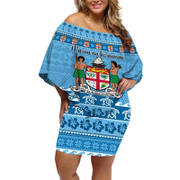 Custom Fiji Christmas Off Shoulder Short Dress Fijian Tapa Marau na Kerisimasi LT14 Women Blue - Polynesian Pride