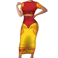 Papua New Guinea Rugby Custom Family Matching Short Sleeve Bodycon Dress and Hawaiian Shirt Go Kumuls PNG - Polynesian Pattern LT14 Mom's Dress Yellow - Polynesian Pride