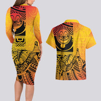 Marquesas Islands Couples Matching Long Sleeve Bodycon Dress and Hawaiian Shirt Marquesan Matatiki Fish Hook Patutiki LT14 - Polynesian Pride