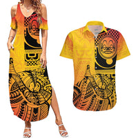 Marquesas Islands Couples Matching Summer Maxi Dress and Hawaiian Shirt Marquesan Matatiki Fish Hook Patutiki LT14 Yellow - Polynesian Pride