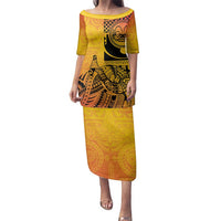 Marquesas Islands Family Matching Puletasi and Hawaiian Shirt Marquesan Matatiki Fish Hook Patutiki LT14 Mom's Dress Yellow - Polynesian Pride