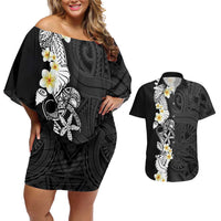 Black Samoa Tattoo Couples Matching Off Shoulder Short Dress and Hawaiian Shirt Plumeria Samoan Ocean Tatau Pattern - Polynesian Pride