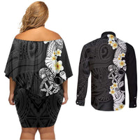 Black Samoa Tattoo Couples Matching Off Shoulder Short Dress and Long Sleeve Button Shirt Plumeria Samoan Ocean Tatau Pattern - Polynesian Pride