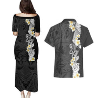 Black Samoa Tattoo Couples Matching Puletasi and Hawaiian Shirt Plumeria Samoan Ocean Tatau Pattern - Polynesian Pride
