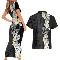 Black Samoa Tattoo Couples Matching Short Sleeve Bodycon Dress and Hawaiian Shirt Plumeria Samoan Ocean Tatau Pattern - Polynesian Pride