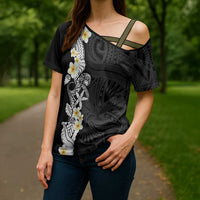 Black Samoa Tattoo Cross Shoulder Shirt Plumeria Samoan Ocean Tatau Pattern - Polynesian Pride