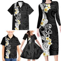 Black Samoa Tattoo Family Matching Long Sleeve Bodycon Dress and Hawaiian Shirt Plumeria Samoan Ocean Tatau Pattern LT14 - Polynesian Pride
