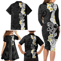 Black Samoa Tattoo Family Matching Long Sleeve Bodycon Dress and Hawaiian Shirt Plumeria Samoan Ocean Tatau Pattern LT14 - Polynesian Pride