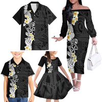 Black Samoa Tattoo Family Matching Off The Shoulder Long Sleeve Dress and Hawaiian Shirt Plumeria Samoan Ocean Tatau Pattern LT14 - Polynesian Pride