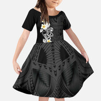 Black Samoa Tattoo Family Matching Off Shoulder Maxi Dress and Hawaiian Shirt Plumeria Samoan Ocean Tatau Pattern LT14 Daughter's Dress Black - Polynesian Pride