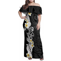 Black Samoa Tattoo Family Matching Off Shoulder Maxi Dress and Hawaiian Shirt Plumeria Samoan Ocean Tatau Pattern LT14 Mom's Dress Black - Polynesian Pride