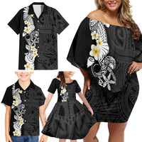 Black Samoa Tattoo Family Matching Off Shoulder Short Dress and Hawaiian Shirt Plumeria Samoan Ocean Tatau Pattern - Polynesian Pride
