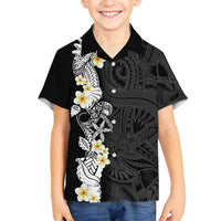 Black Samoa Tattoo Family Matching Off Shoulder Short Dress and Hawaiian Shirt Plumeria Samoan Ocean Tatau Pattern - Polynesian Pride