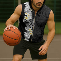 Black Samoa Tattoo Sleeveless Zip Hoodie Plumeria Samoan Ocean Tatau Pattern LT14 - Polynesian Pride