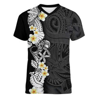 Black Samoa Tattoo Women V-Neck T-Shirt Plumeria Samoan Ocean Tatau Pattern - Polynesian Pride