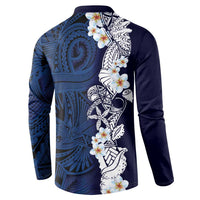 Blue Samoa Tattoo Button Sweatshirt Plumeria Samoan Ocean Tatau Pattern - Polynesian Pride