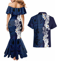 Blue Samoa Tattoo Couples Matching Mermaid Dress and Hawaiian Shirt Plumeria Samoan Ocean Tatau Pattern - Polynesian Pride