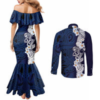 Blue Samoa Tattoo Couples Matching Mermaid Dress and Long Sleeve Button Shirt Plumeria Samoan Ocean Tatau Pattern - Polynesian Pride