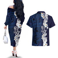 Blue Samoa Tattoo Couples Matching Off The Shoulder Long Sleeve Dress and Hawaiian Shirt Plumeria Samoan Ocean Tatau Pattern - Polynesian Pride
