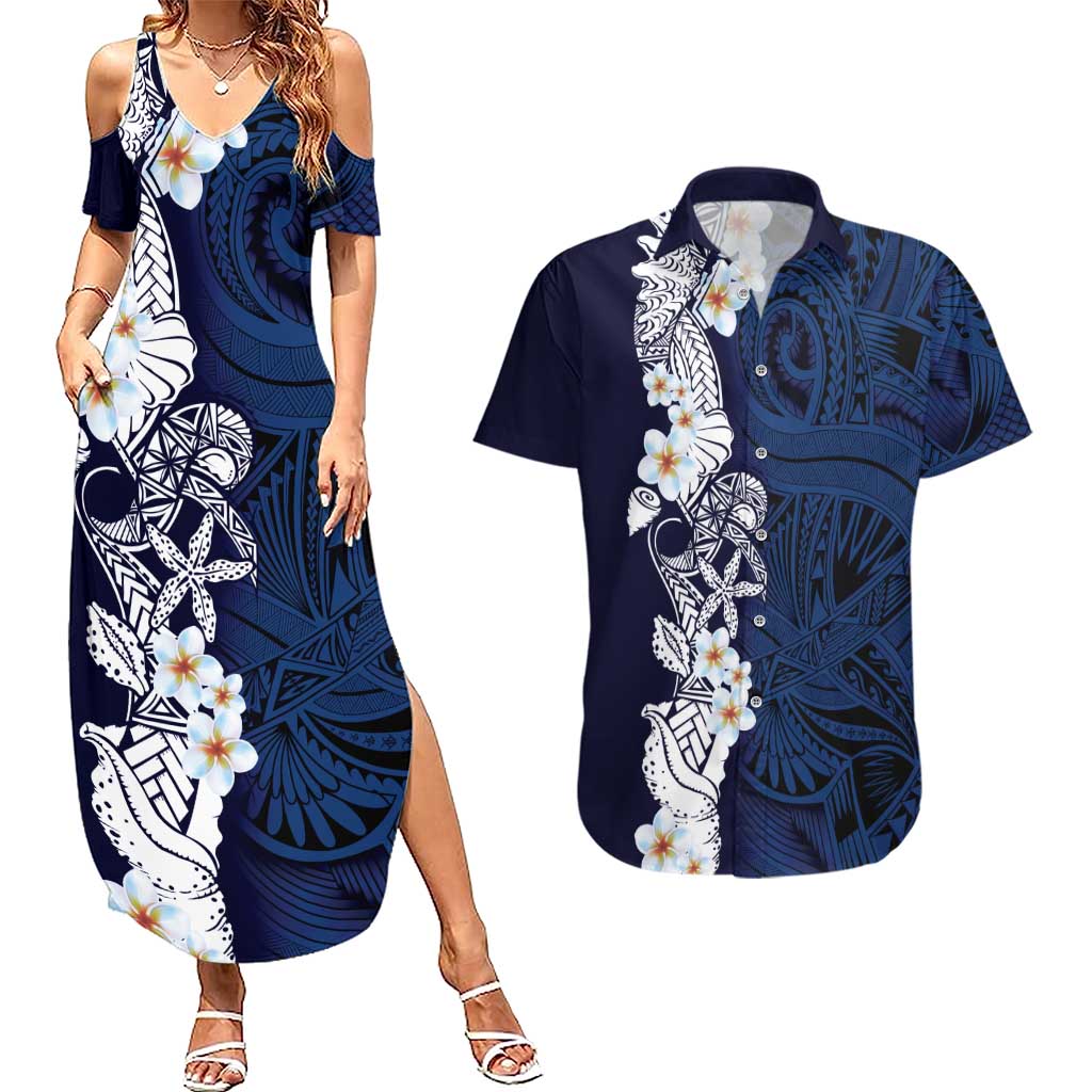 Blue Samoa Tattoo Couples Matching Summer Maxi Dress and Hawaiian Shirt Plumeria Samoan Ocean Tatau Pattern LT14 Blue - Polynesian Pride