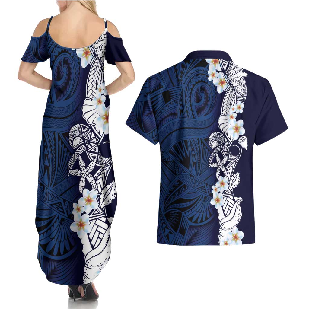 Blue Samoa Tattoo Couples Matching Summer Maxi Dress and Hawaiian Shirt Plumeria Samoan Ocean Tatau Pattern LT14 - Polynesian Pride