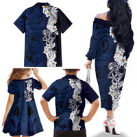 Blue Samoa Tattoo Family Matching Off The Shoulder Long Sleeve Dress and Hawaiian Shirt Plumeria Samoan Ocean Tatau Pattern - Polynesian Pride