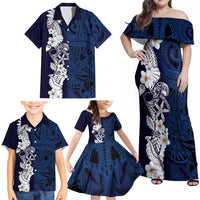 Blue Samoa Tattoo Family Matching Off Shoulder Maxi Dress and Hawaiian Shirt Plumeria Samoan Ocean Tatau Pattern LT14 - Polynesian Pride