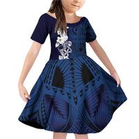 Blue Samoa Tattoo Family Matching Off Shoulder Short Dress and Hawaiian Shirt Plumeria Samoan Ocean Tatau Pattern LT14 Daughter's Dress Blue - Polynesian Pride