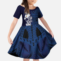 Blue Samoa Tattoo Family Matching Short Sleeve Bodycon Dress and Hawaiian Shirt Plumeria Samoan Ocean Tatau Pattern LT14 Daughter's Dress Blue - Polynesian Pride