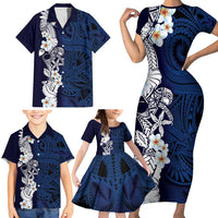 Blue Samoa Tattoo Family Matching Short Sleeve Bodycon Dress and Hawaiian Shirt Plumeria Samoan Ocean Tatau Pattern LT14 - Polynesian Pride