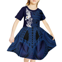 Blue Samoa Tattoo Kid Short Sleeve Dress Plumeria Samoan Ocean Tatau Pattern - Polynesian Pride