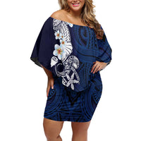 Blue Samoa Tattoo Off Shoulder Short Dress Plumeria Samoan Ocean Tatau Pattern - Polynesian Pride