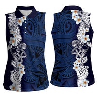 Blue Samoa Tattoo Women Sleeveless Polo Shirt Plumeria Samoan Ocean Tatau Pattern - Polynesian Pride