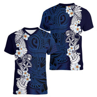Blue Samoa Tattoo Women V-Neck T-Shirt Plumeria Samoan Ocean Tatau Pattern - Polynesian Pride
