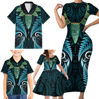 Aotearoa Pounamu Niho Family Matching Short Sleeve Bodycon Dress and Hawaiian Shirt Silver Fern Mix Maori Pattern - Turquoise LT14 - Polynesian Pride