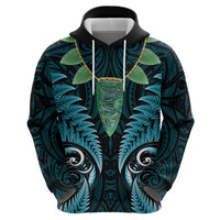 Aotearoa Pounamu Niho Hoodie Silver Fern Mix Maori Pattern - Turquoise