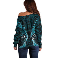 Aotearoa Pounamu Niho Off Shoulder Sweater Silver Fern Mix Maori Pattern - Turquoise