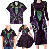 Aotearoa Pounamu Niho Family Matching Long Sleeve Bodycon Dress and Hawaiian Shirt Silver Fern Mix Maori Pattern - Purple LT14 - Polynesian Pride