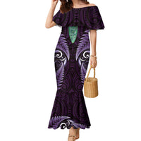 Aotearoa Pounamu Niho Family Matching Mermaid Dress and Hawaiian Shirt Silver Fern Mix Maori Pattern - Purple LT14 Mom's Dress Purple - Polynesian Pride