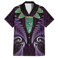 Aotearoa Pounamu Niho Family Matching Short Sleeve Bodycon Dress and Hawaiian Shirt Silver Fern Mix Maori Pattern - Purple LT14 Dad's Shirt - Short Sleeve Purple - Polynesian Pride
