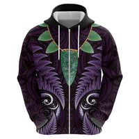 Aotearoa Pounamu Niho Zip Hoodie Silver Fern Mix Maori Pattern - Purple LT14 - Polynesian Pride