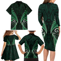 Aotearoa Pounamu Niho Family Matching Long Sleeve Bodycon Dress and Hawaiian Shirt Silver Fern Mix Maori Pattern - Green LT14 - Polynesian Pride