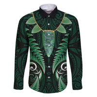 Aotearoa Pounamu Niho Family Matching Long Sleeve Bodycon Dress and Hawaiian Shirt Silver Fern Mix Maori Pattern - Green LT14 Dad's Shirt - Long Sleeve Green - Polynesian Pride