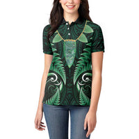 Aotearoa Pounamu Niho Women Polo Shirt Silver Fern Mix Maori Pattern - Green