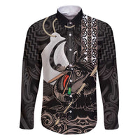 Aotearoa Hei Matau Family Matching Puletasi and Hawaiian Shirt Haka Kiwi Mix Maori Mangopare LT14 Dad's Shirt - Long Sleeve Black - Polynesian Pride