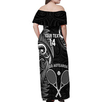 Custom New Zealand Tiki Tennis Family Matching Off Shoulder Maxi Dress and Hawaiian Shirt 2024 Aotearoa Tenehi Maori Silver Fern - Black LT14 - Polynesian Pride
